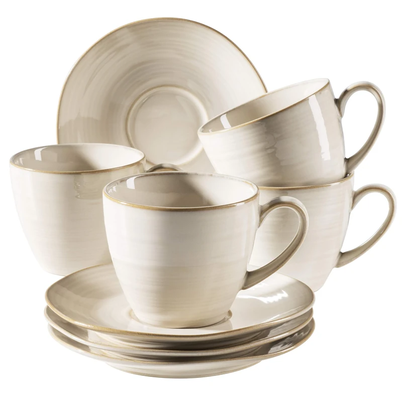 MÄSER Nottingham Series Vintage Coffee Cups Set for 4 People, Saucers with Irregular Curves in Retro Look, Stoneware, Beige