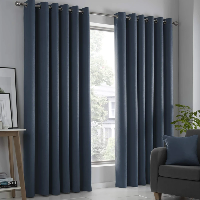 Fusion - Strata - Blockout Pair of Eyelet Curtains - 90" Width x 108" Drop (229 x 275cm) in Navy
