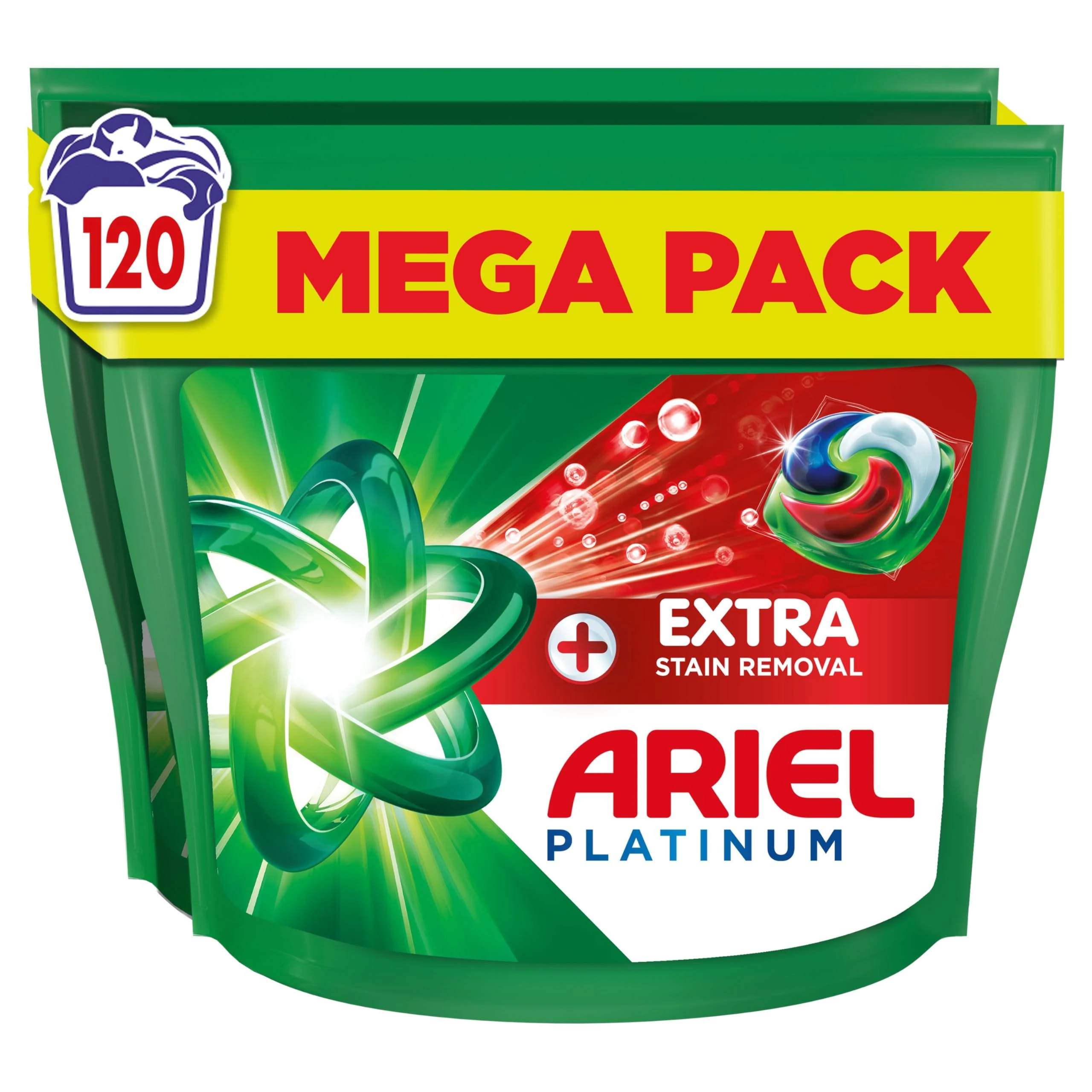Ariel Platinum PODS®, Washing Liquid Laundry Detergent Capsules 120 Washes (60x2), +Extra Stain Removal, Remove Even 7-Day Dried-In Stains