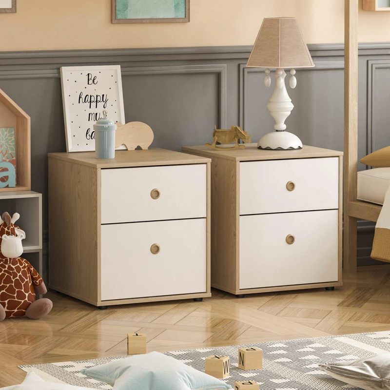 Junior Vida Neptune 2 Drawer Bedside Table Cabinet Chest of Drawers Bedroom Storage Children's Kids Furniture, Set of 2 (White & Oak)