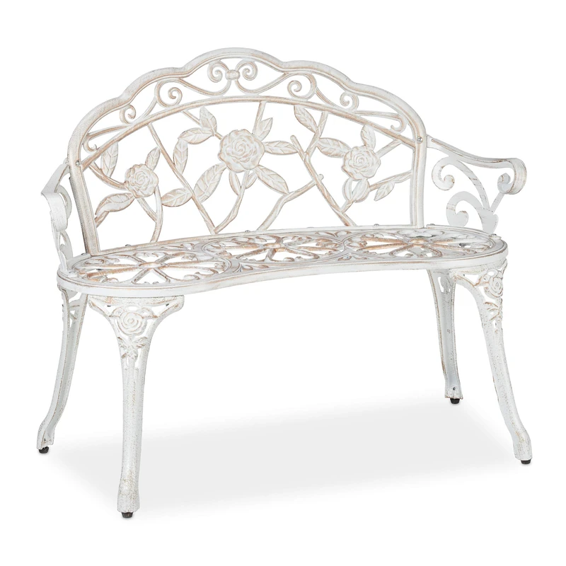 Relaxdays Garden Bench, 2 Seater, Roses, Terrace, Balcony, Cast Aluminium, Antique Look, 78x98x57 cm, White/Bronze