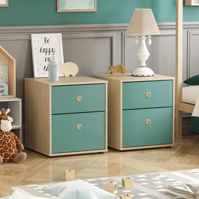 Junior Vida Neptune 2 Drawer Bedside Table Cabinet Chest of Drawers Bedroom Storage Children's Kids Furniture, Set of 2 (Blue & Oak)