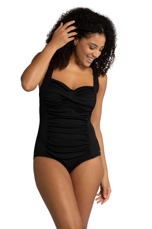 Ulla Popken Ladies Draping Fine Texture Softcups Swimsuit, Black, 28