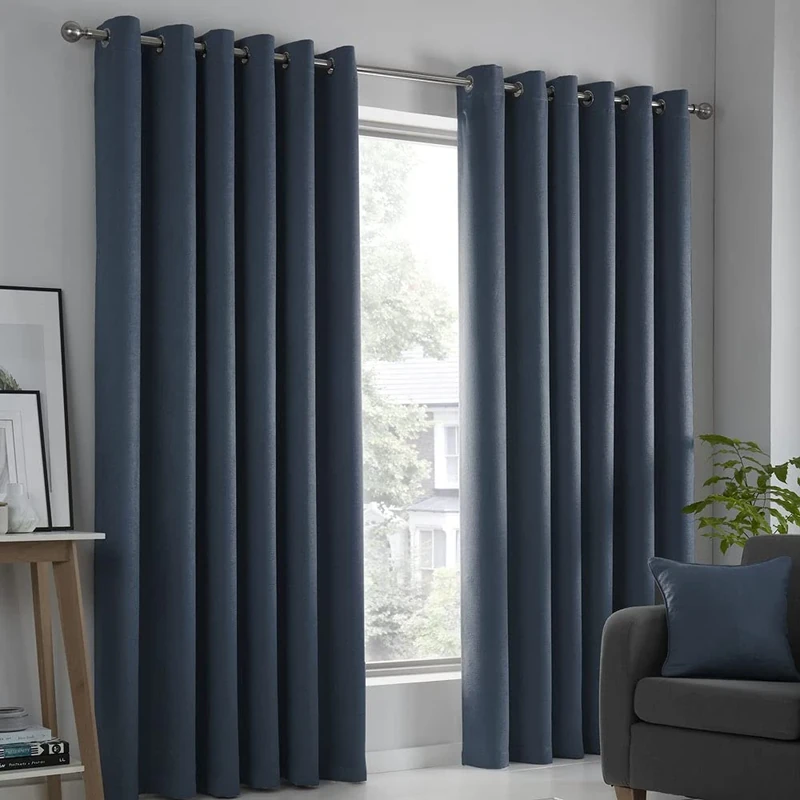 Fusion - Strata - Blockout Pair of Eyelet Curtains in Navy - 90" Width x 90" Drop (228 x 228 cm)