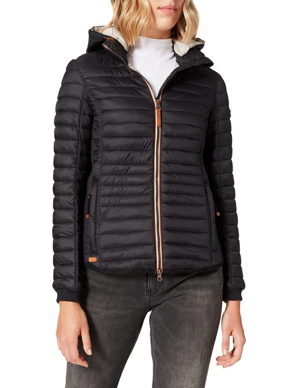 camel active Women's Lightweight Quilted Jacket with Removable Hood, Black, 16