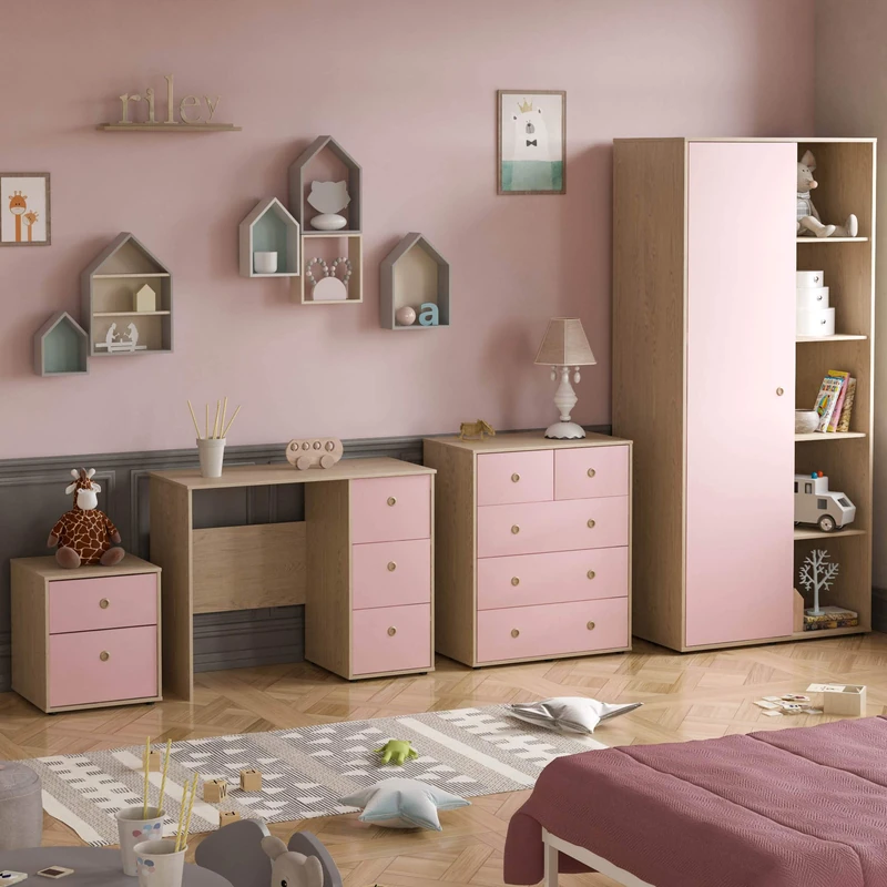 Junior Vida Neptune 4 Piece Bedroom Furniture Set 5 Drawer Chest, 2 Drawer Bedside Table Cabinet, 3 Drawer Desk, 1 Door Wardrobe (Pink & Oak)