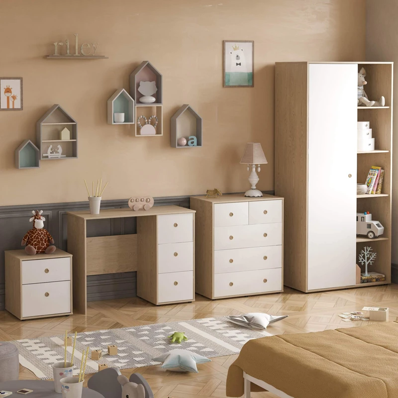 Junior Vida Neptune 4 Piece Bedroom Furniture Set 5 Drawer Chest, 2 Drawer Bedside Table Cabinet, 3 Drawer Desk, 1 Door Wardrobe (White & Oak)