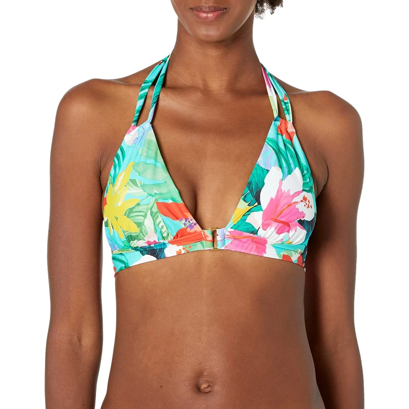 La Blanca Women's Standard Rouched Halter Bikini Swimsuit Top, Aquamarine/Tropea Breeze, 10