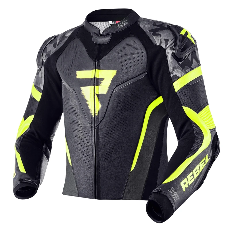 REBELHORN Rebel Motorcycle Jacket Cowhide Leather Elbow Shoulders and Back Protection Ventilation Slider on Elbows and Shoulders 4 Pockets Reflective Elements Black/Fluo Yellow 48