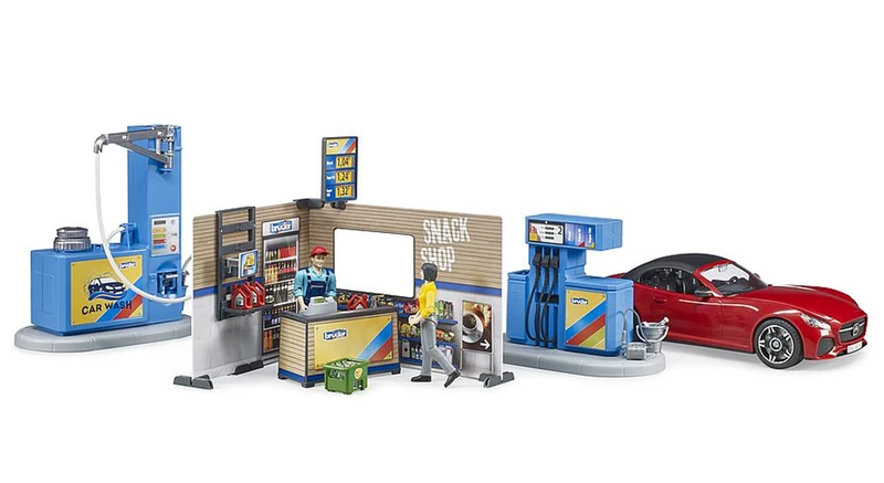 Bruder bworld Service Station – Petrol Station and Car Wash Playset with Figures & Accessories