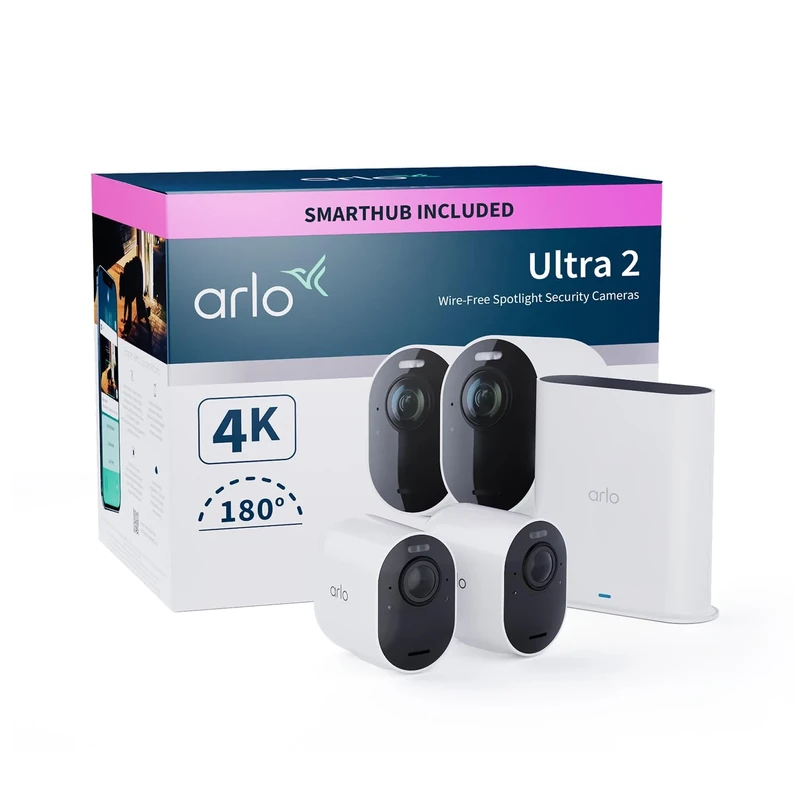 Arlo Ultra 2 Security Camera Outdoor, 4K UHD, Wireless CCTV, 6-Month Battery, Colour Night Vision, Weatherproof, Bright Spotlight, 2-Way Audio, 2 Cam Kit, Arlo Secure Trial Included, White