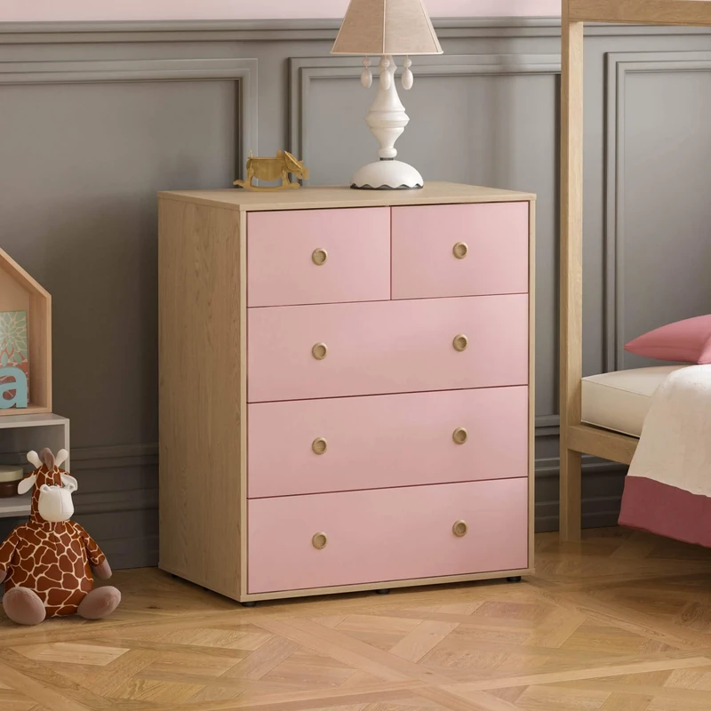 Junior Vida Neptune 5 Drawer Chest of Drawers Cabinet Storage Modern Bedroom Children's Kids Furniture (Pink & Oak)