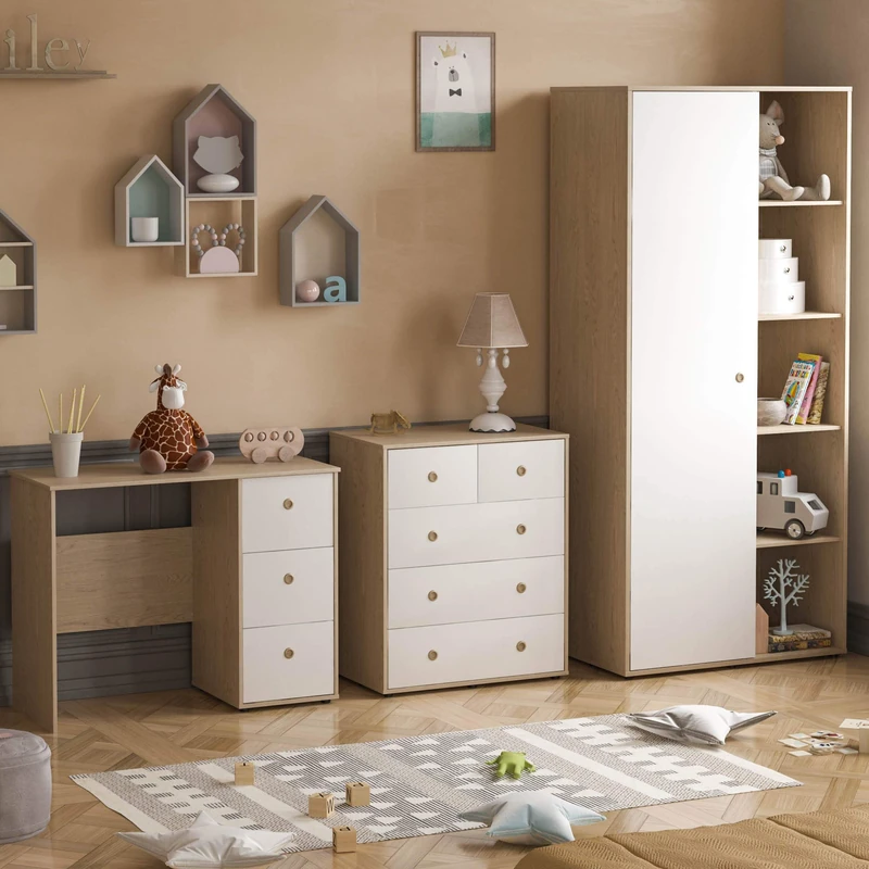 Junior Vida Neptune 3 Piece Bedroom Furniture Set 5 Drawer Chest, 3 Drawer Desk, 1 Door Wardrobe (White & Oak)