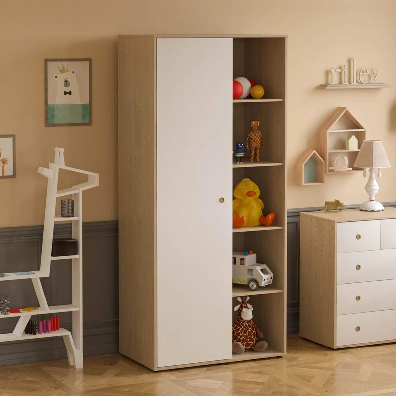 Junior Vida Neptune 1 Door Wardrobe Bedroom Clothes Rail Storage Children's Kids Furniture (White & Oak)