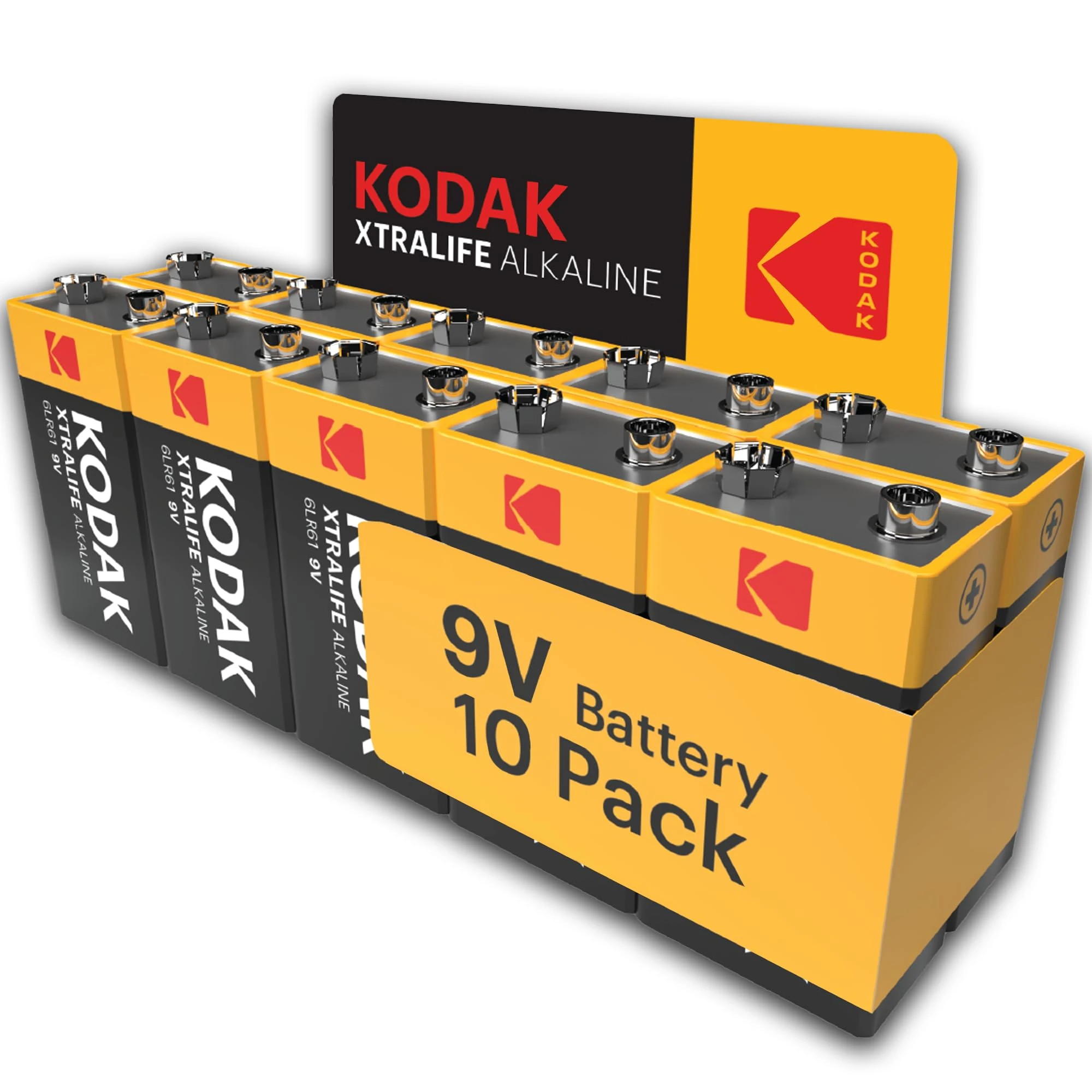 Kodak Xtralife 9V Batteries 10-Pack, Smoke Alarm Battery, PP3 for Fire Alarm, Square 6LR61 MN1604 Alkaline Batteries, 10-Year Shelf Life, 100% More Power