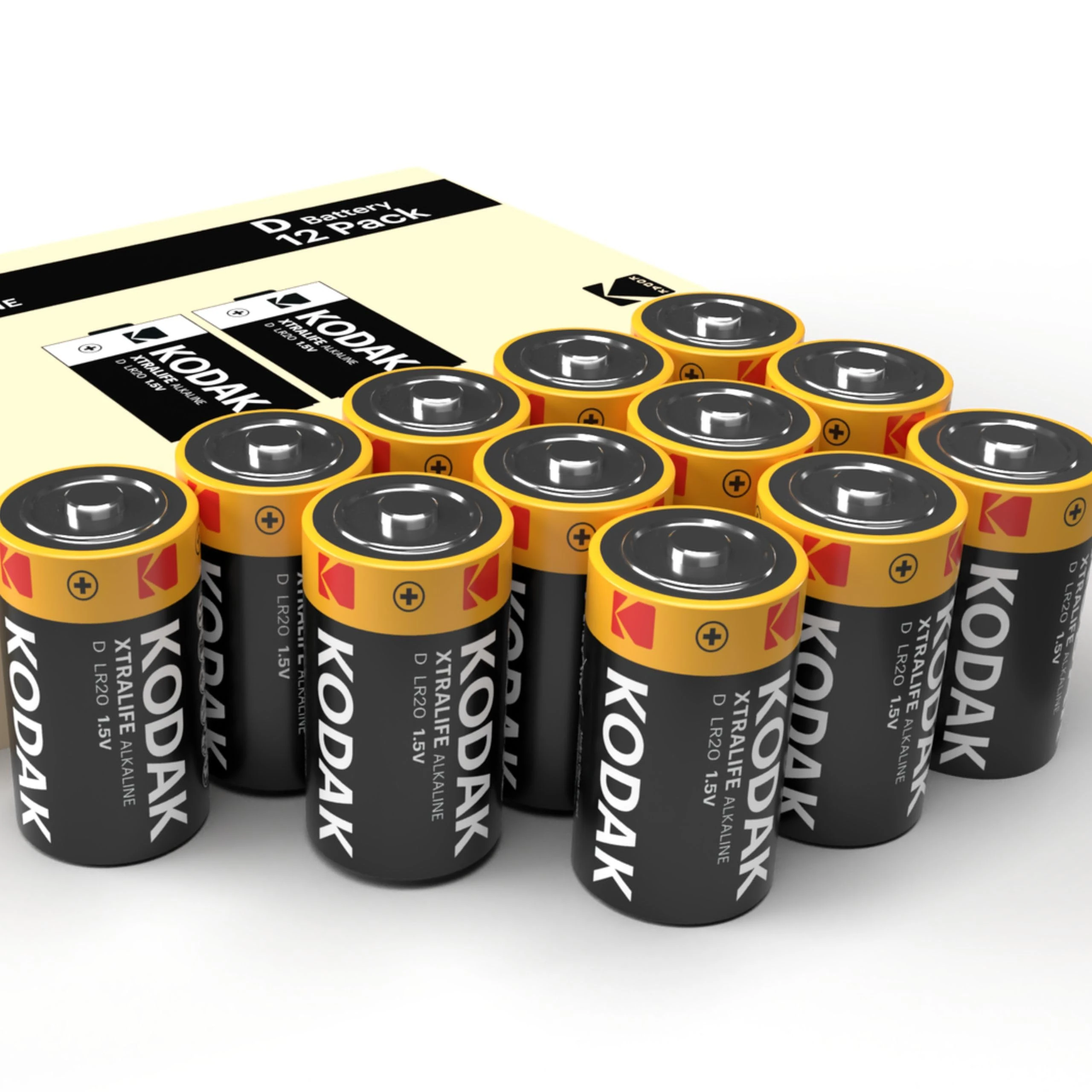 Kodak Xtralife D Cell Batteries 12-Pack, 1.5V D Size Alkaline Battery (LR20) for Torches, Toys, Flashlights and Electronic High-Drain Devices, 10-Year Shelf Life (12 Count)