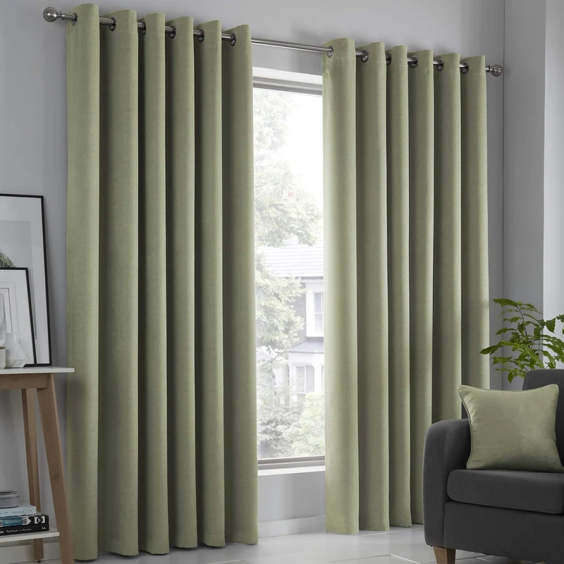 Fusion Sage Green Thermal Eyelet Curtains – W66 x L90" (168x229cm) – 2 Panels – Strata Collection – Room Darkening Drapes for Bedroom, Living Room & Doors