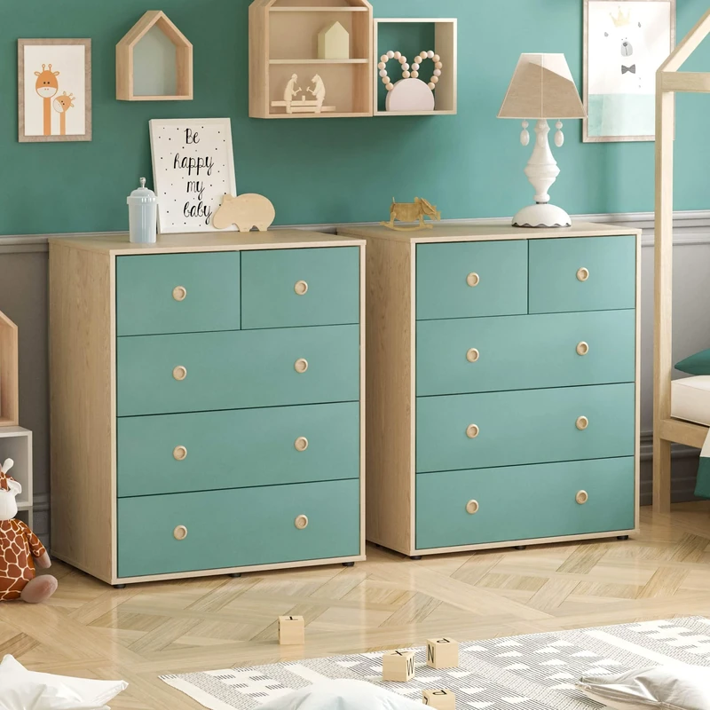 Junior Vida Neptune 5 Drawer Chest of Drawers Cabinet Storage Modern Bedroom Children's Kids Furniture, Set of 2 (Blue & Oak)