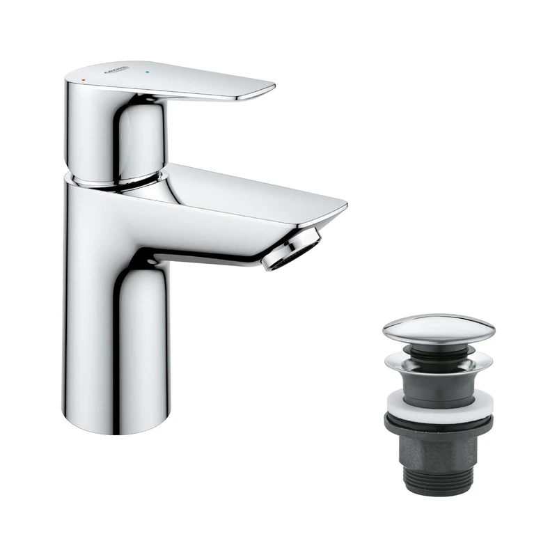GROHE QUICKFIX Start Edge – Bathroom Basin Mixer Tap with Push Open Pop-Up Waste Set (Metal Lever, 28 mm Ceramic Cartridge, Energy and Water Saving, Tails 3/8 Inch), Size 147 mm, Chrome, 23900001