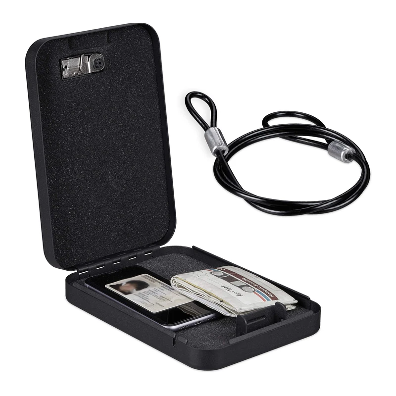 Relaxdays Car Safe, with Combination Lock, Mobile, with Security Cable, Mini Case, Steel, HxWxD: 4.5 x 17 x 24 cm, Black, Iron