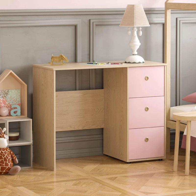 Junior Vida Neptune 3 Drawer Desk Computer Dressing Table PC/Laptop Home Study Workstation Children Kids Furniture (Pink & Oak)