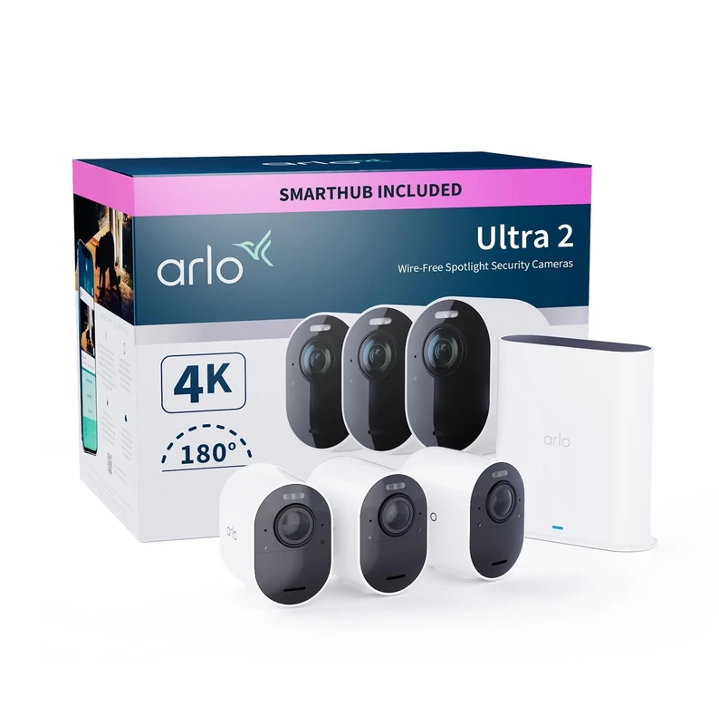 Arlo Ultra 2 Security Camera Outdoor, 4K UHD, Wireless CCTV, 6-Month Battery, Colour Night Vision, Weatherproof, Bright Spotlight, 2-Way Audio, 3 Cam Kit, Arlo Secure Trial Included, White