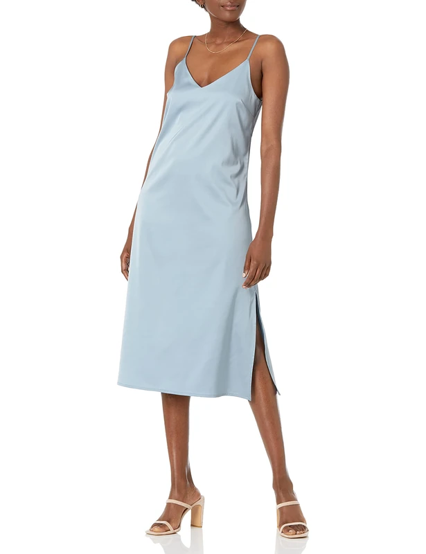 The Drop Women's Ana Silky V-Neck Midi Slip Dress, Fog Blue, XXL Plus