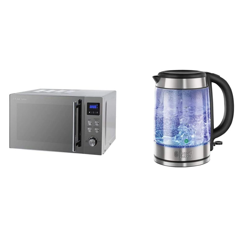 Russell Hobbs RHM2086SS Classic 17 Litre Stainless Steel Digital Microwave with Blue LED & 21600-10 Illuminating Glass Kettle, Black, 1.7 Litre, 3000 Watt