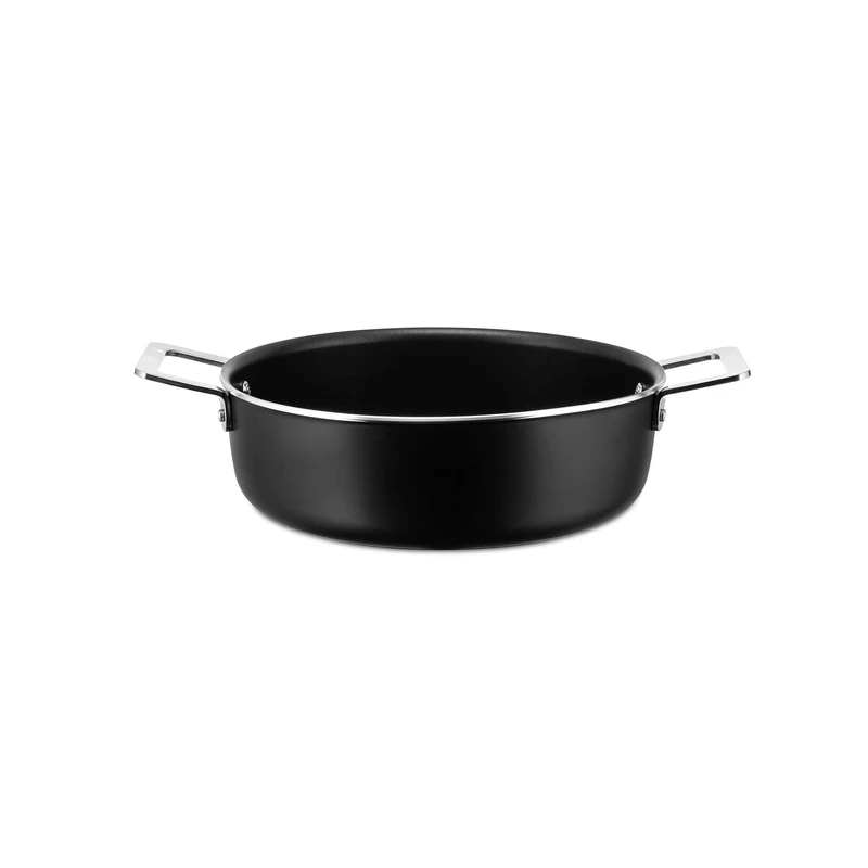 Alessi Low casserole with two handles in aluminium with non-stick interior, black Handle in 18/10 stainless steel Magnetic steel bottom suitable for induction cooking