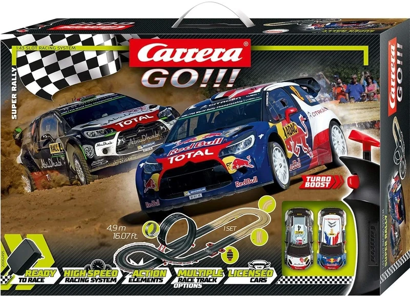 Carrera GO 20062495UK Super Rally 1:43 Scale, 4.9 Metres, With DS 3 WRC 2012 Red Bull Lefebvre and DS3 WRC 2015 M Ostberg, Suitable from 6 Years+, UK Plug Version