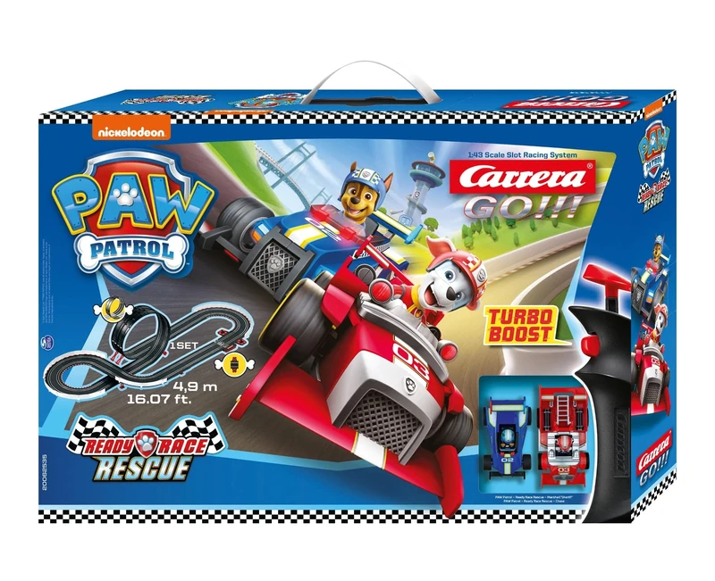 Carrera 20062535UK PAW Patrol Ready Race Rescue - GO!!! Slot Racing Track With UK Plug, For Children From 6 Years And Adults,1:43 Scale, 4.9 Metres, With PAW Patrol - Chase & Marshall