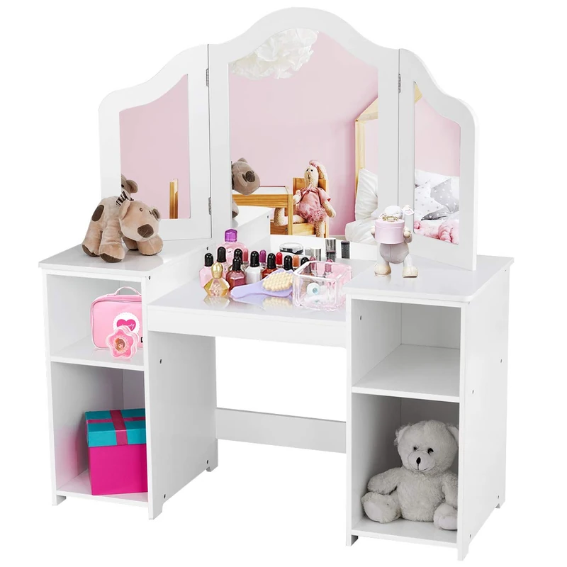 GYMAX Kids Dressing Table and Chair Set, 2 in 1 Children Vanity Table with Tri-Folding Mirror and Storage Shelf, Wooden Girls Make-up Dresser for Bedroom (White, Without Chair) - Image 1