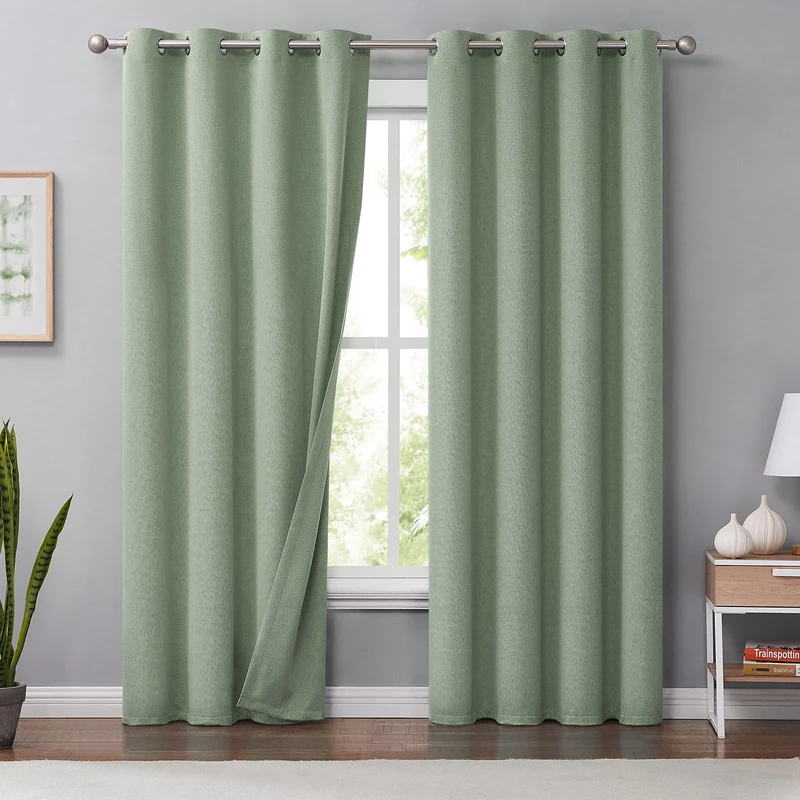 Melodieux Green Linen Blackout Curtains 96 Inches Long for Living Room, Bedroom Rustic Burlap Thermal Insulated Room Darkening Grommet Drapes, 50 x 96 Inch, 2 Panels