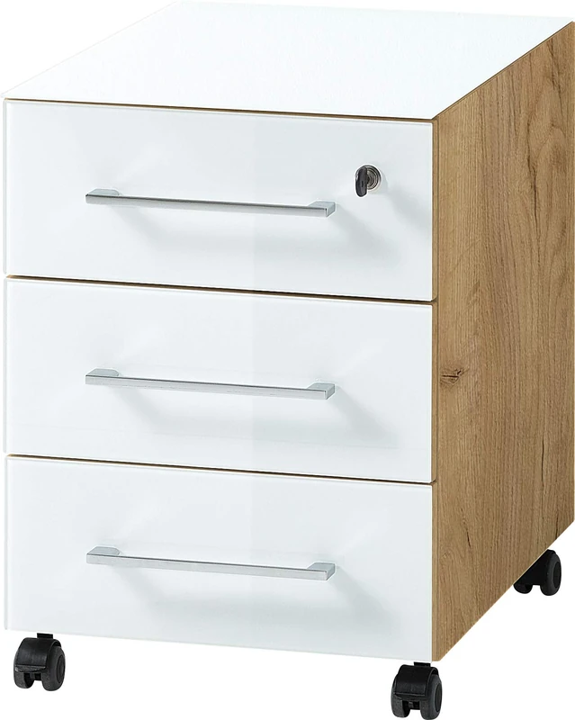 Germania GW-MONTERIA Rolling container 4201-242, in Navarra-oak repro/White, with three drawers, one lockable, 40 x 55 x 50 cm (W/H/D)