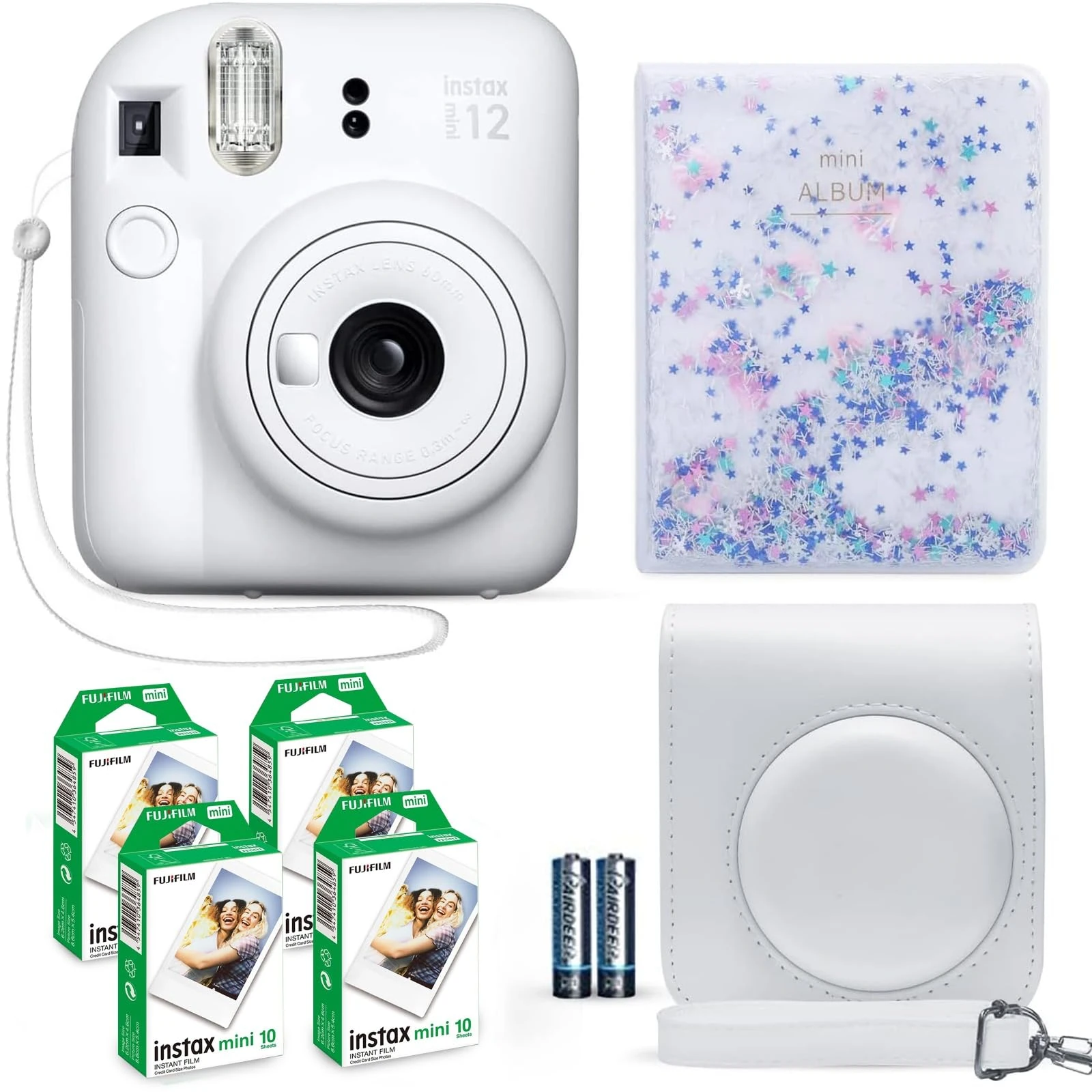 Fujifilm Instax Mini 12 Instant Camera Clay White + Fuji Instax Film Value Pack (40 Sheets) + Shutter Accessories Bundle, Incl. Compatible Carrying Case, Quicksand Beads Photo Album 64 Pockets