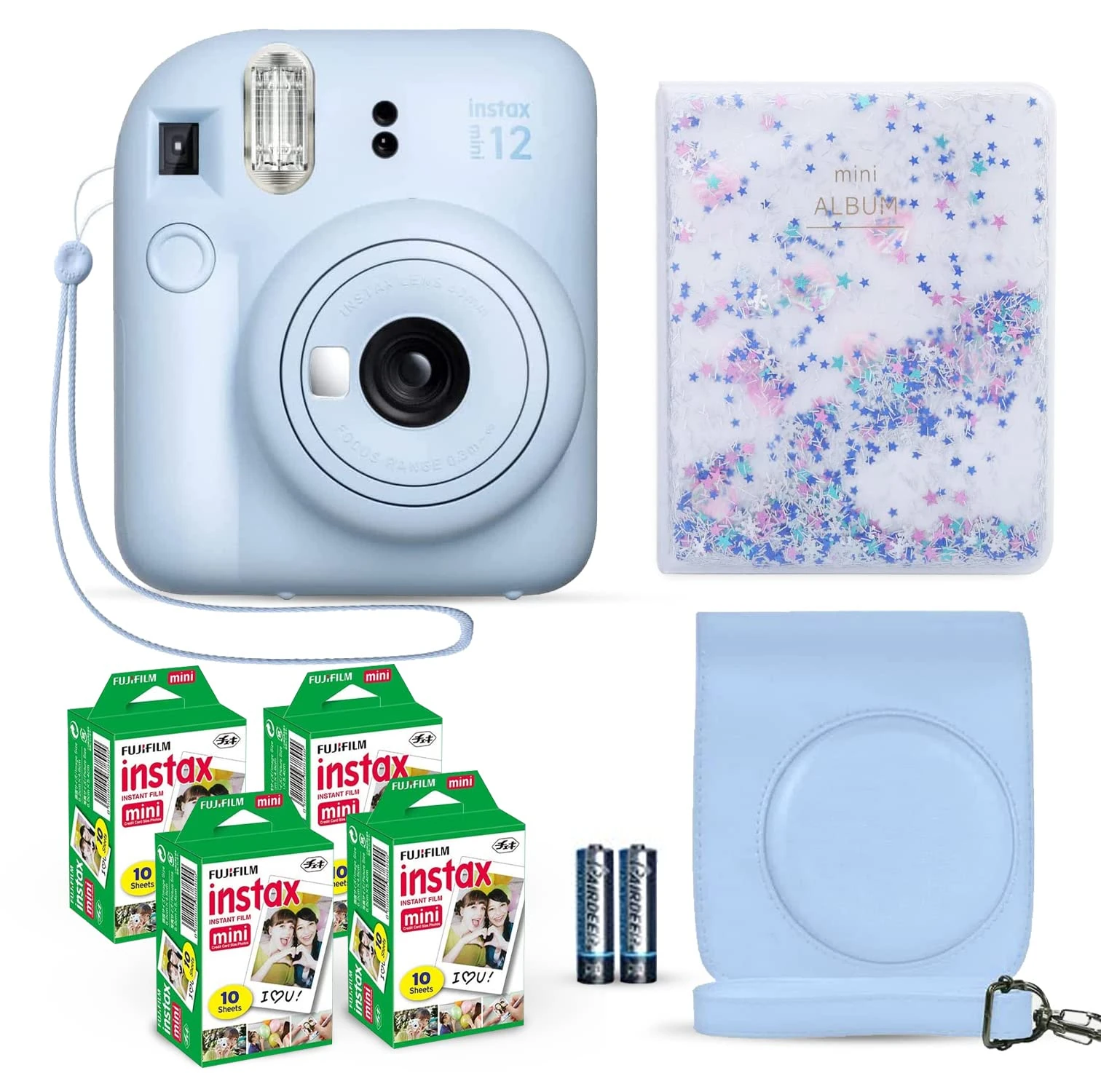 Fujifilm Instax Mini 12 Instant Camera Pastel Blue + Fuji Instax Film Value Pack (40 Sheets) + Shutter Accessories Bundle, Incl. Compatible Carrying Case, Quicksand Beads Photo Album 64 Pockets