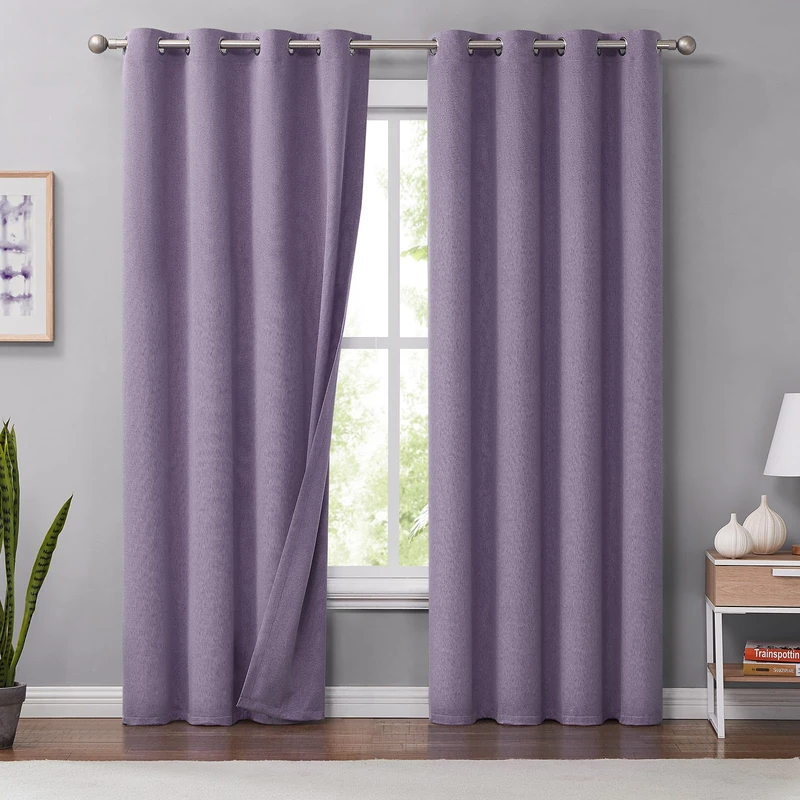 Melodieux 100% Blackout Curtains for Bedroom, Thermal Insulated Noise Reducing Linen Grommet Window Drapes for Living Room and Nursery, Purple, 50 x 63 Inch Length, 2 Panels