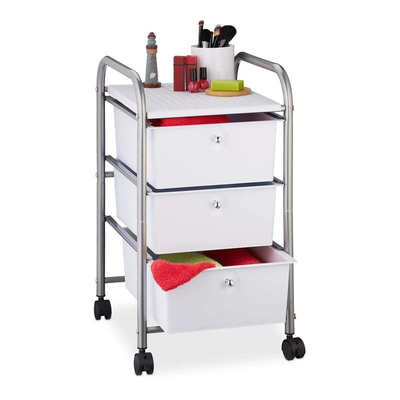 Relaxdays Storage Trolley, 3 Drawers, H x W x D approx. 60 x 33 x 39 cm, Metal & Plastic, Silver - Image 1