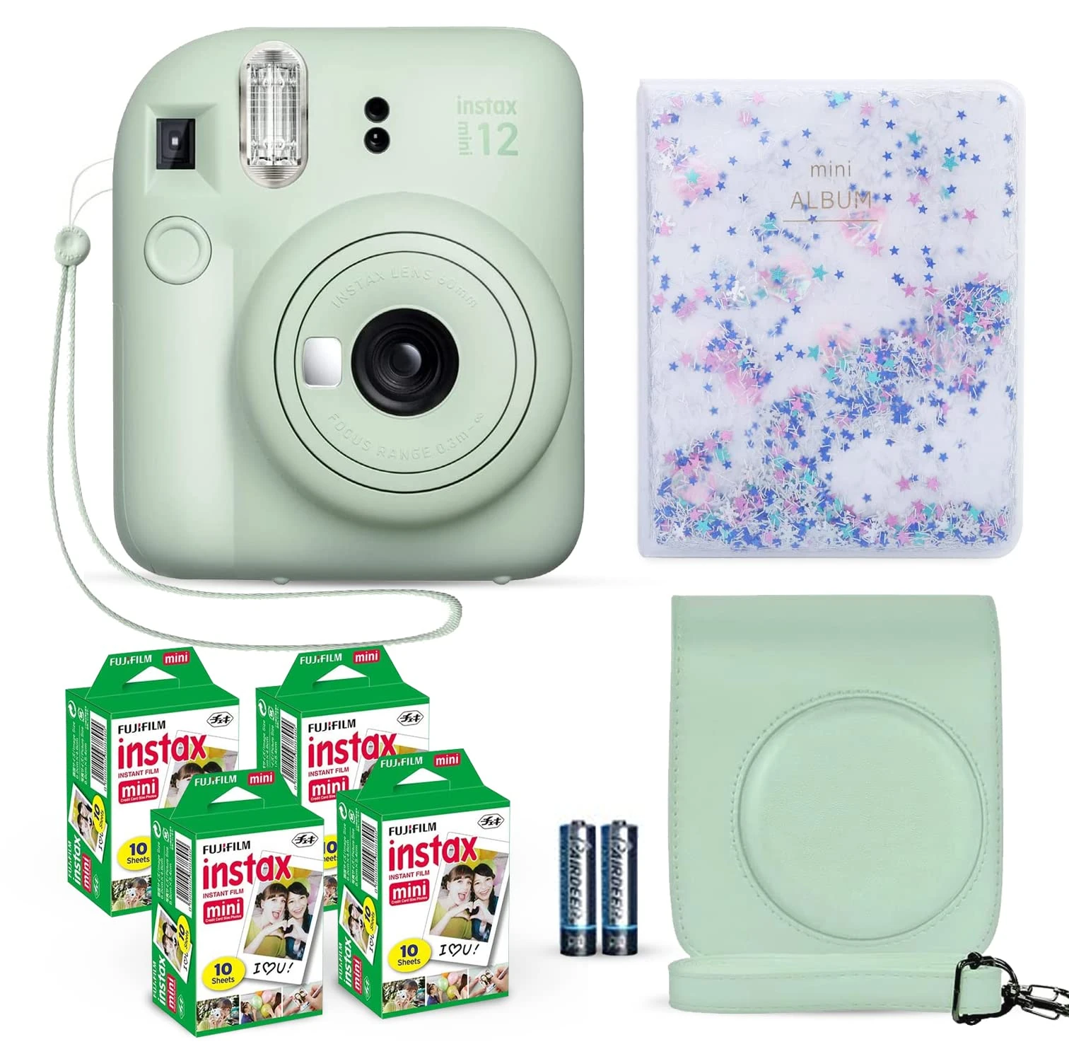 Fujifilm Instax Mini 12 Mint Green + Fuji Instax Film 40 Sheets + Shutter Accessories Bundle, Incl. Carrying Case & Quicksand Beads Album 64 Pockets