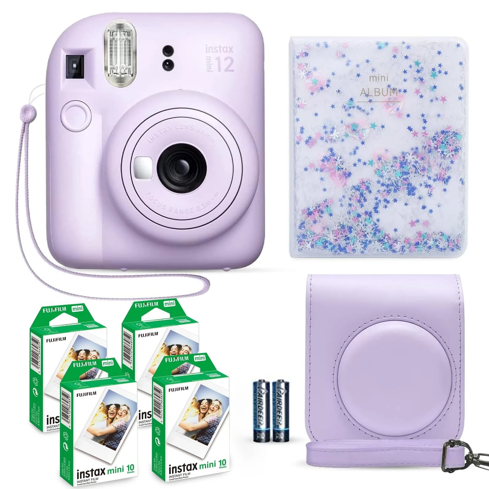 Fujifilm Instax Mini 12 Instant Camera Lilac Purple + Fuji Instax Film Value Pack (40 Sheets) + Shutter Accessories Bundle, Incl. Compatible Carrying Case, Quicksand Beads Photo Album 64 Pockets