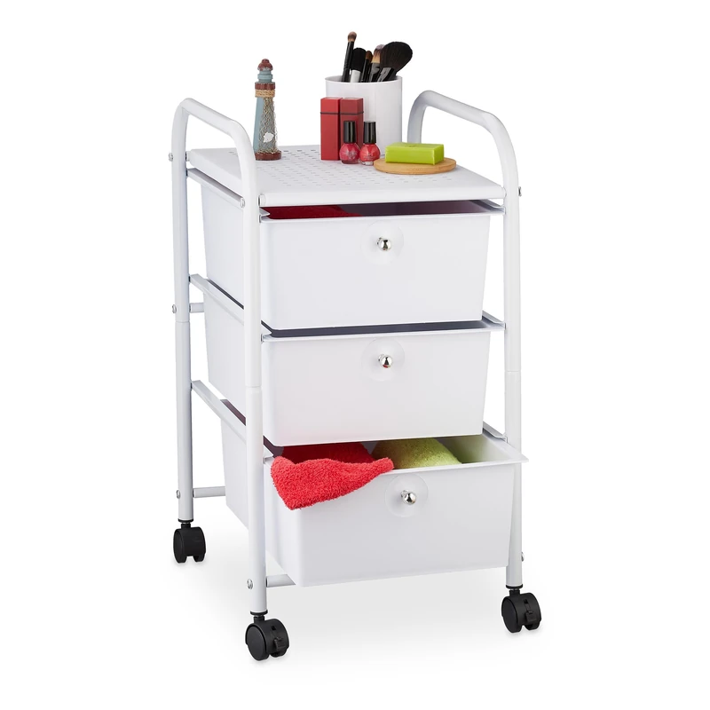 Relaxdays Storage Trolley, 3 Drawers, H x W x D Approx. 60 x 33 x 39 cm, Metal & Plastic, White