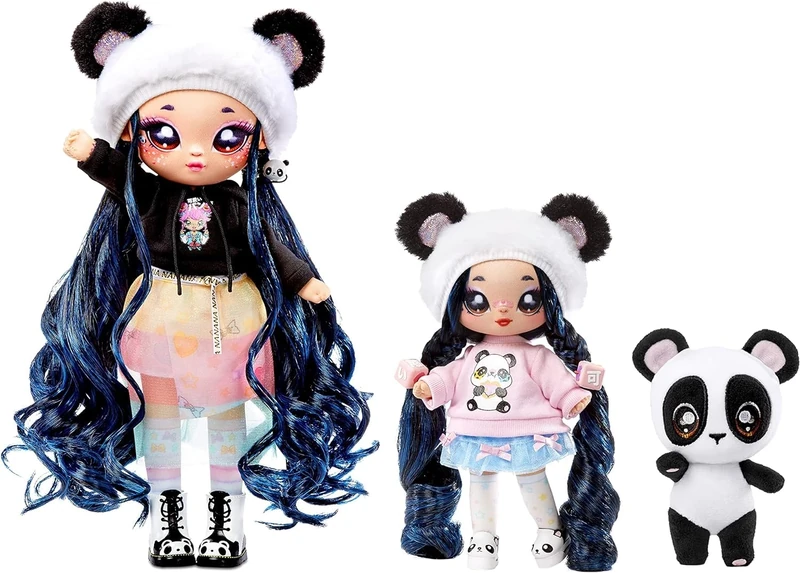 Na Na Na Surprise Family Soft Doll Set of 3 with 2 Fashion Dolls and 1 Pet - Toys for Kids - Panda Family with Long Hair Dolls, 12 Removable Accessories and Outfits, and Adorable Plush Pet Panda
