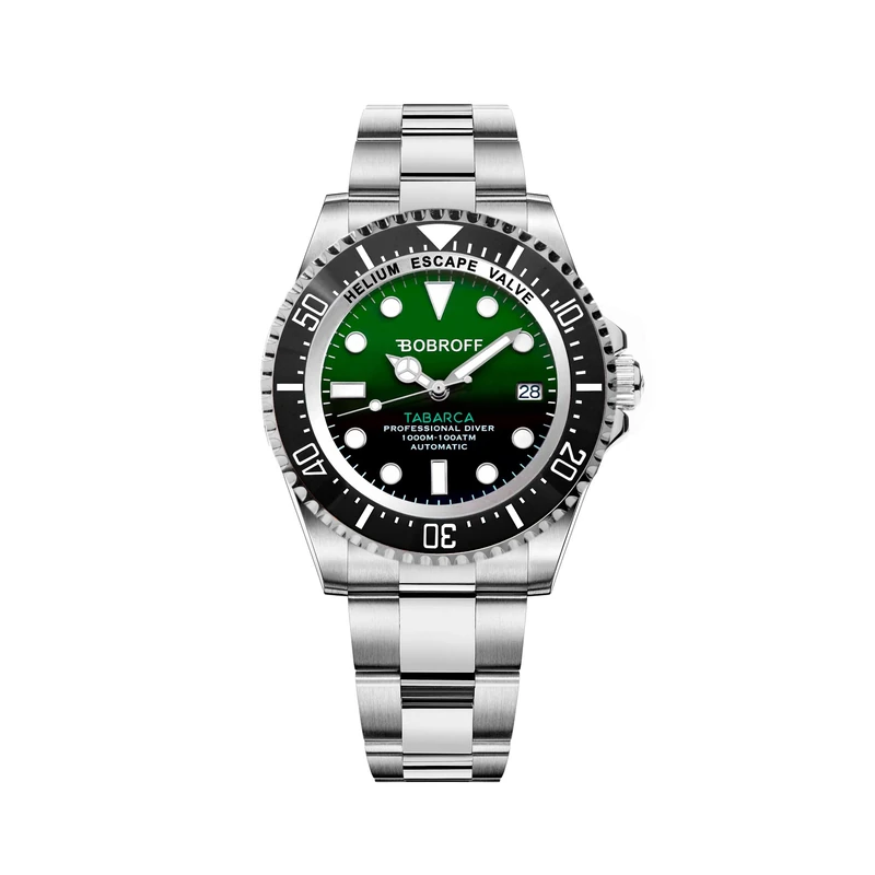 Bobroff Tabarca - Professional Automatic Diver's Watch for Men, 1000 m, Green, 44MM, Helium Valve BF002