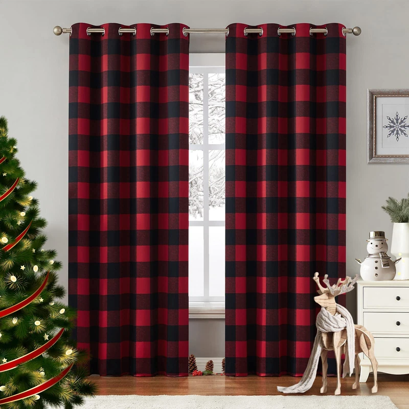 Melodieux Buffalo Check Plaid Blackout Curtains 84 Inches Long for Bedroom, Living Room Thermal Insulated Room Darkening Grommet Drapes, Black Red, 50 x 84 Inch, 2 Panels