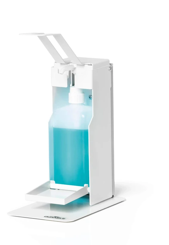 Durable Table-Top Disinfectant Dispenser with Arm Lever | for Disinfectant or soap | Flexible Adjustment to Bottle Sizes Up to 500 ml | White