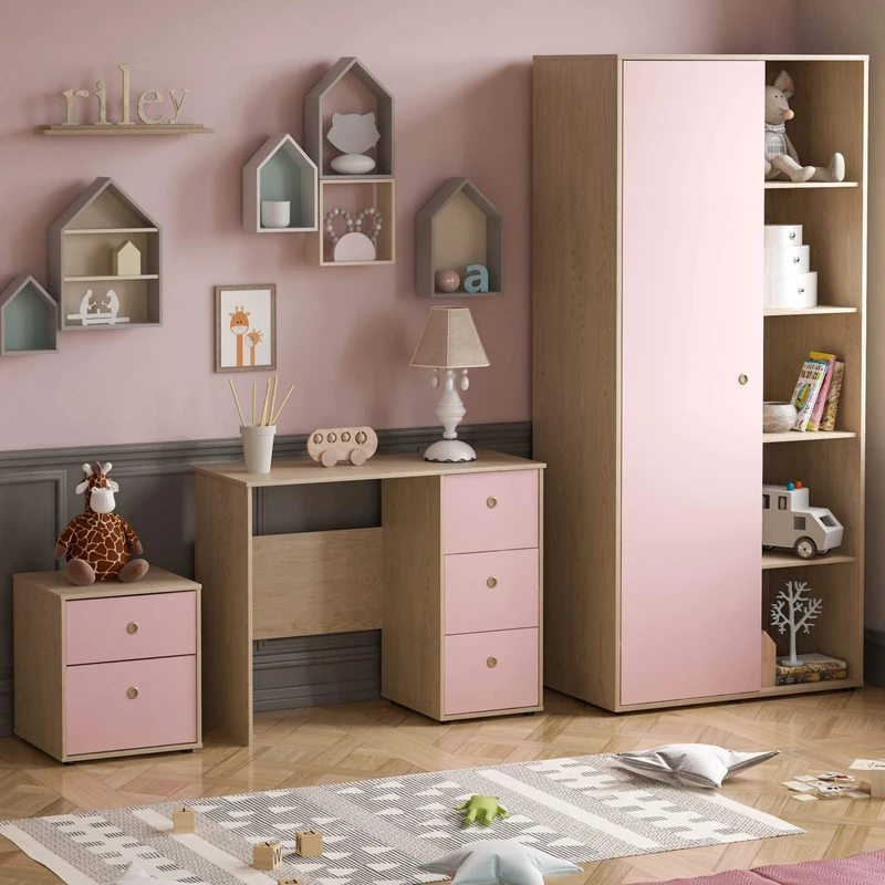 Junior Vida Neptune 3 Piece Bedroom Furniture Set 2 Drawer Bedside Table Cabinet, 3 Drawer Desk, 1 Door Wardrobe (Pink & Oak)