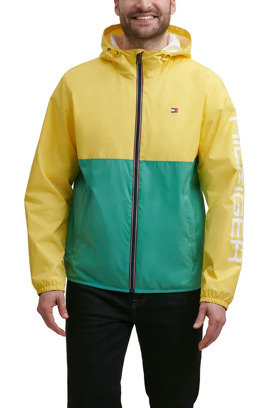 Tommy Hilfiger Men's Lightweight Active Water Resistant Hooded Rain Jacket, Pastel Yellow/Green Colorblock, L