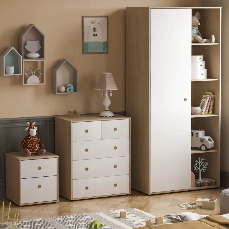 Junior Vida Neptune 3 Piece Bedroom Furniture Set 2 Drawer Bedside Table Cabinet, 5 Drawer Chest, 1 Door Wardrobe (White & Oak)