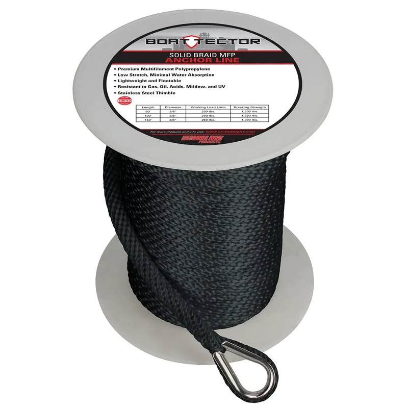 Extreme Max 3006.3472 BoatTector Solid Braid MFP Anchor Line with Thimble - 1/2" x 150', Black