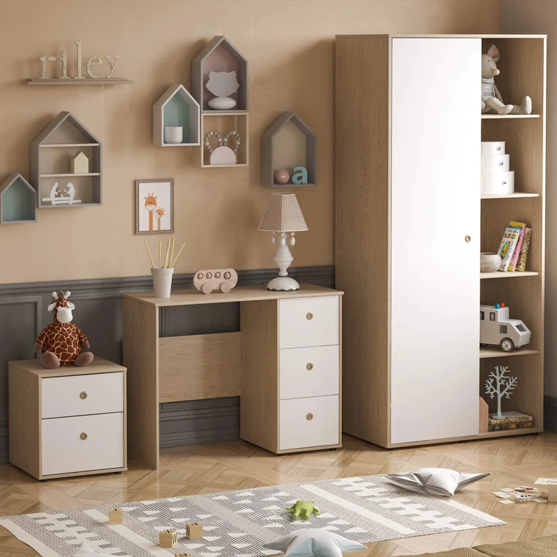 Junior Vida Neptune 3 Piece Bedroom Furniture Set 2 Drawer Bedside Table Cabinet, 3 Drawer Desk, 1 Door Wardrobe (White & Oak)